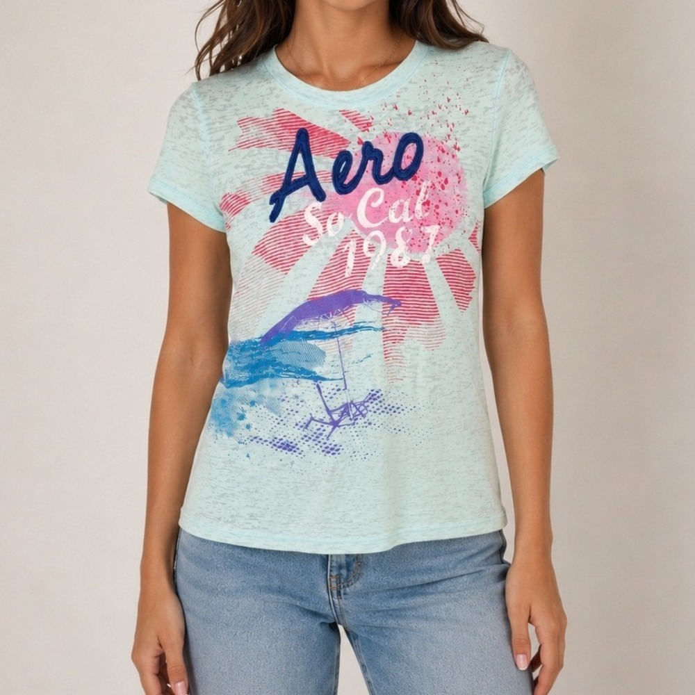 Aeropostale Baby Blue Graphic Sheer Embroidered Patch T-Shirt Y2K Size Large